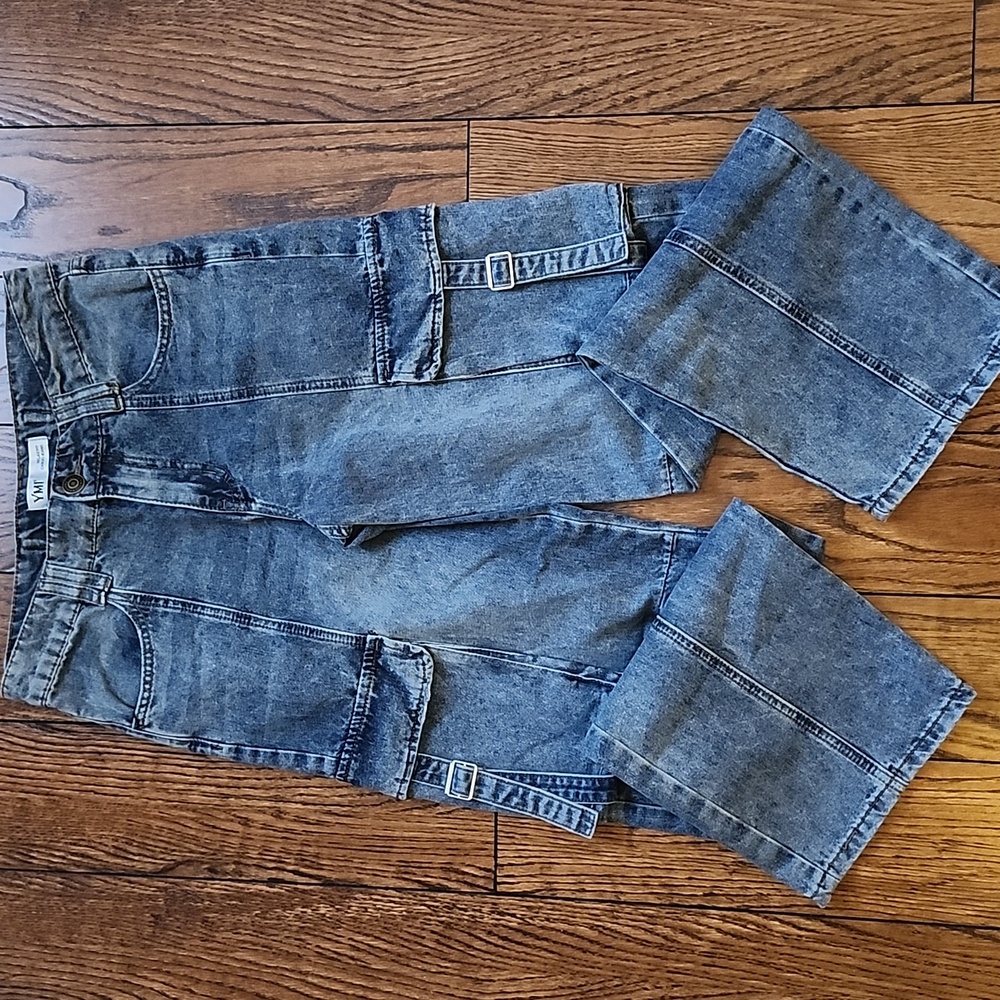 YMI Relaxed Cargo Jeans Wide Leg Wide Hem Medium Wash Denim Sz 25